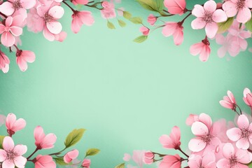 Obraz na płótnie Canvas Pink flower frame with a green background, space for your text. Generative Ai.