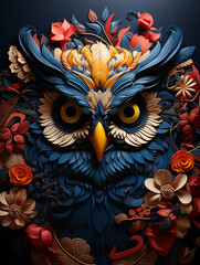 portrait, owl head in patterns, illustration, creative, simple background, sketch, created with Generative AI technology