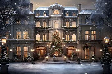 Fototapeta na wymiar Magical Winter Scene: Festive Office Building with Glowing Christmas Spirit