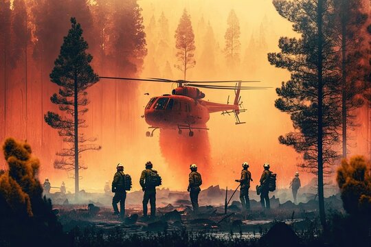 The fire team extinguishes the burning of the forest and rescues people. A firefighter with a water hose put out the flame. Illustration of firefighter and helicopter. IA images 