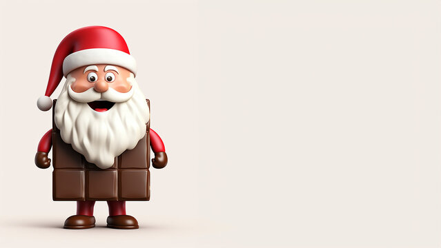 Lustiger Weihnachtsmann Cartoon mit Schokoladen Körper auf weißen Hintergrund, ai,generativ