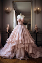 Fototapeta premium Generative AI illustration of gorgeous couture wedding dress in pink and blue pastel colors