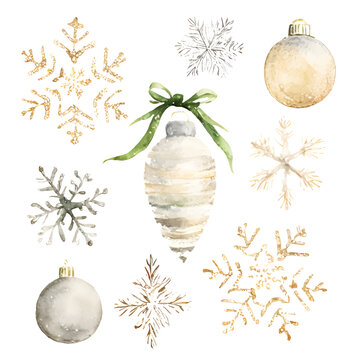 Watercolor Christmas Toys And Snowflakes, Set Of Illustrations On White Background. Collection Of Christmas Decor In Retro Style.