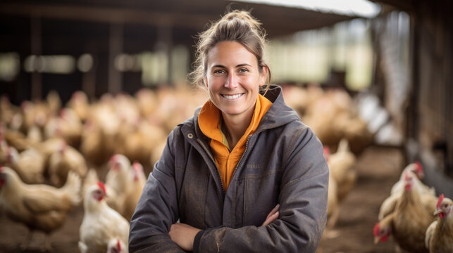 Woman poultry farmer smiles surrounded by chickens on a farm.