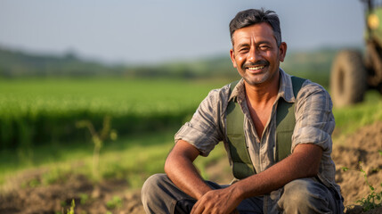 Naklejka na ściany i meble Portrait of a farmer against the backdrop of his fields.