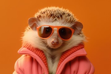 Obraz premium Stylish portrait of dressed up imposing anthropomorphic handsome hedgehog wearing glasses and suit on vibrant orange background with copy space. Funny illustration.