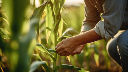 Farmer checks corn sprouts. - obrazy, fototapety, plakaty