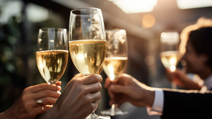 Three people are holding a glass of champagne and chasing.