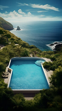A pool on a hill overlooking the ocean, national geographic photo.