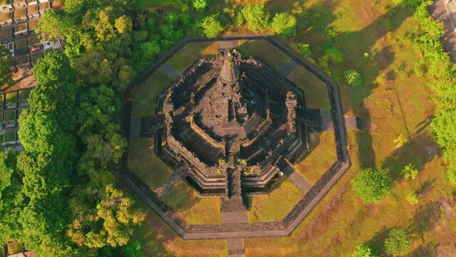 Bajra Sandhi or Monumen Taman Mumbul monument to the struggle for independence in the rays of the rising sun. Bali, Indonesia. 4K Aerial view
