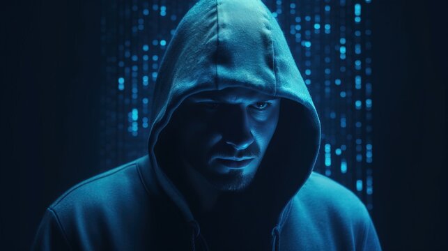 Computer hacker in hoodie with matrix code instead his face on blue digital background. Data thief, internet fraud, darknet and cyber security concept. Generative ai