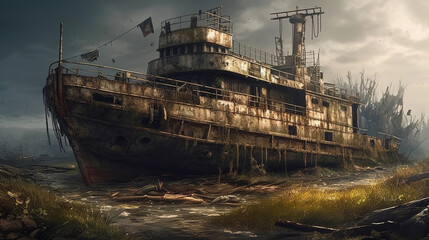 Abandoned shipwreck, wreck of old rusty ship or boat after post-apocalyptic. Generative ai