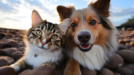 Cat and dog best friends taking a selfie shot. Cute cat and dog sitting on the pebble beach in the evening.