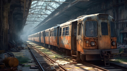 Fototapeta premium Abandoned train wreck. Grungy abandoned underpass. Future post apocalypse environment concept. Neural network AI generated art