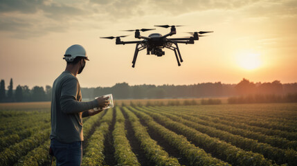 Man farmer in hat standing in green wheat field and controlling of drone which flying above margin. Technologies in farming.