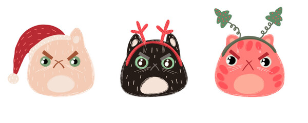 Cartoon Christmas sad cat set. Hand drawn grumpy face of a cat in a headband and a New Year's hat. Vector cat head isolated on a white background.