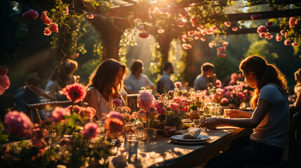 Garden Party Gathering: Friends and Family Amidst Blooming Roses. Generative AI.