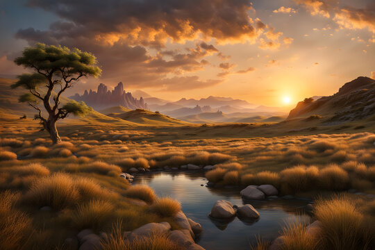 amazing fantasy game landscape at sunset - generative ai