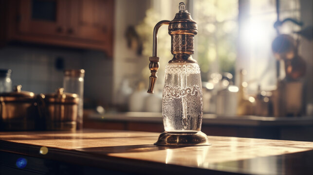 Vintage syphone in a modern kitchen. Morning sunlight coming from window.