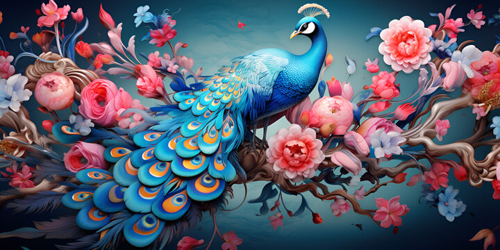  A painting of a peacock A peacock sits on a tree branch with pink flowers and beautiful wallpaper  Enchanting Wallpaper: Peacock Perched on a Tree 