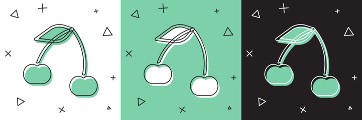Set Cherry icon isolated on white and green, black background. Fruit with leaf symbol. Vector