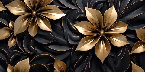 A black and goldern flowers  wallpaper with a floral pattern Regal Blooms: Black and Golden Flowers Wallpaper Design 