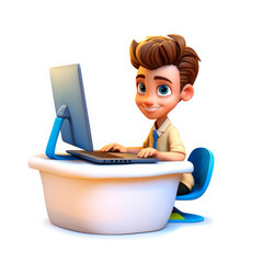 Drawing in the style of 3D cartoon. Cute boy at the computer.