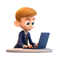 Drawing in the style of 3D cartoon. Cute boy at the computer.
