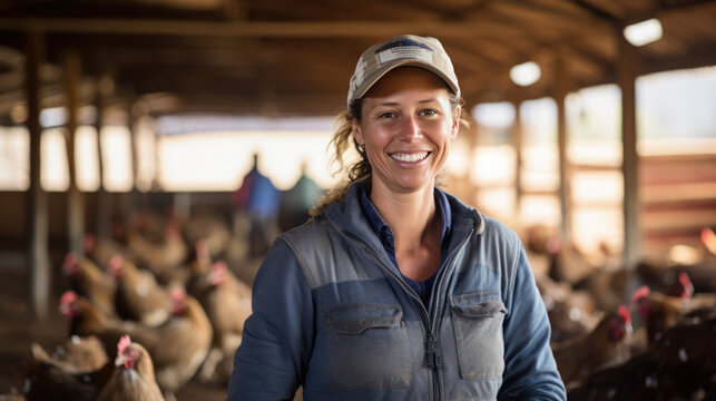 Woman poultry farmer smiles surrounded by chickens on a farm.