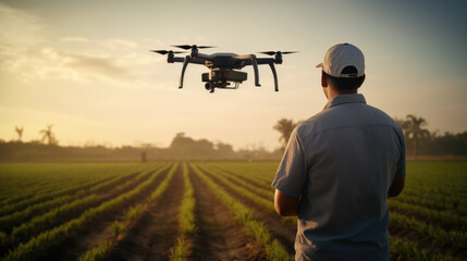 Man farmer in hat standing in green wheat field and controlling of drone which flying above margin. Technologies in farming.