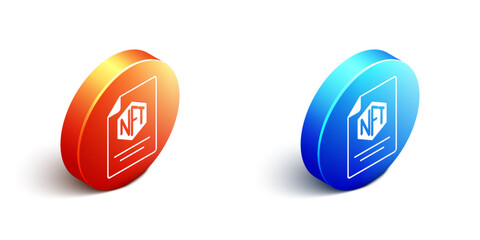 Isometric NFT contract icon isolated on white background. Non fungible token. Digital crypto art concept. Orange and blue circle button. Vector