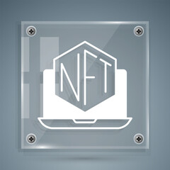 White Laptop with art store app icon isolated on grey background. Technology of selling NFT tokens for cryptocurrency. Non fungible token concept. Square glass panels. Vector