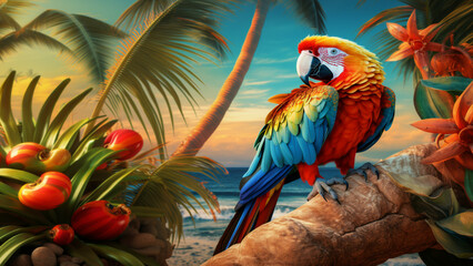 Obraz premium A parrot in a palm tree on the beach