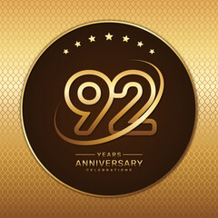 92th anniversary logo with a golden number and ring isolated on a golden pattern background, logo vector illustration