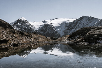 Obraz premium reflets du glacier des Balmes dans un lac commençant à geler 