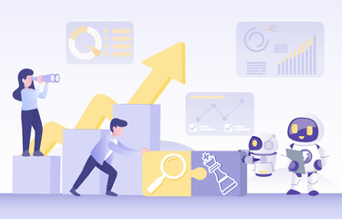 Artificial Intelligence (AI) technology concept. Collaboration between human and ai robot to complete puzzle jigsaw, management strategy, tactical plan to achieve success. Vector illustration.