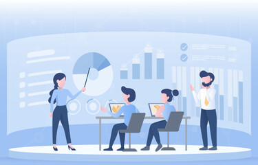 Business ideas concept. Business people meeting, discussing, thinking, learning, brainstorming, share and exchange innovation information. Flat vector design illustration.