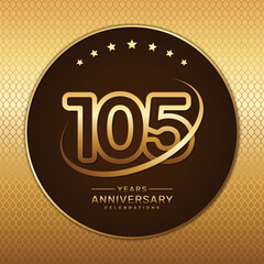 105th anniversary logo with a golden number and ring isolated on a golden pattern background, logo vector illustration