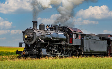 Fototapeta na wymiar A View of an Antique Steam Passenger Train Approaching, Traveling Thru Rural Countryside, Blowing Smoke, on a Sunny Spring Day