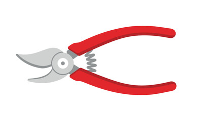 Garden pruner with red handle isolated on white. Florist tool for cutting branches and leaves. Gardening instrument item. Agriculture implement. Classical pruning shear. Vector illustration