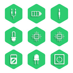 Set Processor with microcircuits CPU, Light emitting diode, Electric light switch, Multimeter, LED bulb, Audio jack and icon. Vector