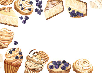 Watercolor frame dessert muffin, cupcake, bun, tart, cheesecake with blueberry. Hand-drawn illustration isolated on white background. Perfect food menu, design packing, bakery shop, cooking, tea party