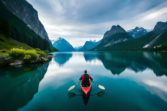 Aerial View Of Woman And Man Contemplating Summer In Norway Canoeing In The Lake Lovatnet.