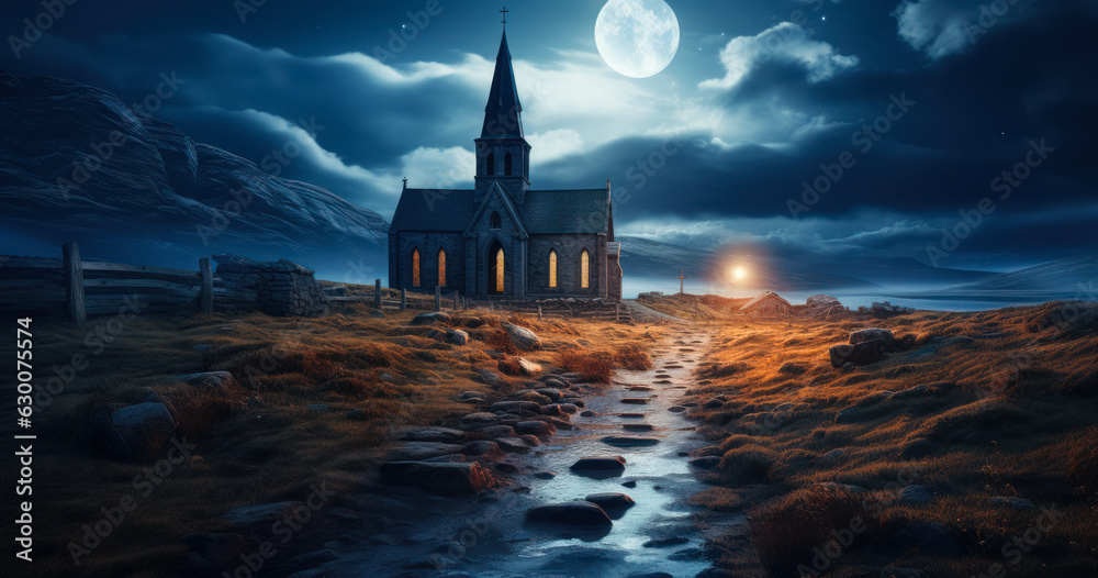 Wall mural Old Stone Church at Night: Timeless Beauty in the Moonlight