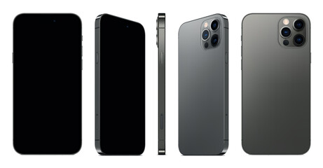 new frameless smartphone grey color with blaсk screen saver front and backside view isolated on white background. mockup of realistic new mobile phone with shadow. 3d vector isometric illustration