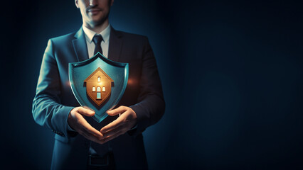 Geschaftsmann hält Gütesiegel für Versicherungen in der Hand,, ai generativ