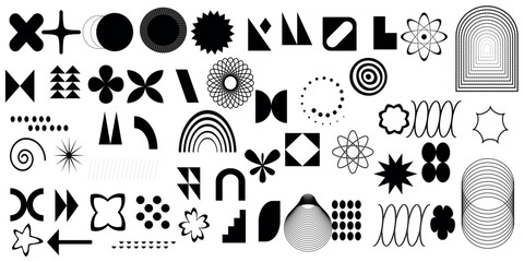 Brutalist abstract geometric shapes and grids. Brutal contemporary figure star oval spiral flower and other primitive elements. Swiss design aesthetic. Bauhaus memphis design. Vector