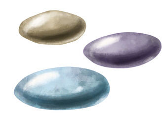 Spa stones. Color illustration. Three stones are separate from each other. Stones for spa, room decor, etc. Drawing for website design or printing on products. From a series of works Yoga. 