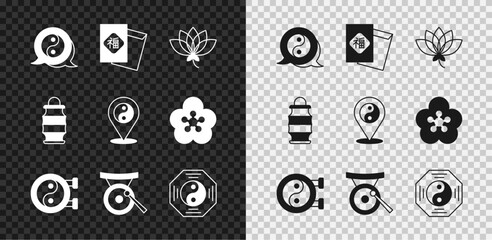 Set Yin Yang symbol, Chinese New Year, Lotus flower, Gong musical instrument, paper lantern and icon. Vector