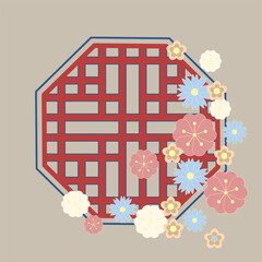Chinese traditional window in flowers. Hand-drawing of a Chinese window with traditional elements on the blue background. Vector. Illustration for a card, poster, banner, label, print.